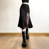 Fongt 2024 New Women's Design Sense Retro Lace Stitching Split Fishtail Skirt-Outfit