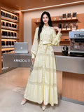 Fongt Gentle Style Dress Spring Dress Design Hollow Lace Splicing Bubble Sleeve Dress Holiday Dress