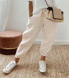 Fongt Women Cotton Tample Waist Nine Trousers Casual Women's Pants