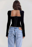 Black Long Sleeve Square Neck Corset Tie Up Top-Outfit