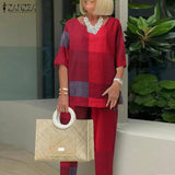 ZANZEA Vintage Plaid Checked Matching Sets Sets Summer Women Tracksuit Casual Half Sleeve Blouse Pants Suits Loose Urban