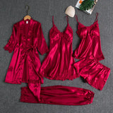 Fongt Women Summer Ice Silk Sexy Hot Home Clothes Spring And Autumn Long Sleeve Thin Large-Size Pyjamas Five-Piece Set