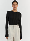 Strip Solid Knitted Sweater Autumn Woman Round Neck Long Flare Sleeve Pullover Casual Simple Basic Jumper Female Sweaters-Outfit