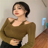 Fongt Two Knitted Shirt Women Spring New Sexy Slimy V Collar Hanging Neck Long Sleeve Bottom