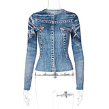 Denim Print Long Sleeve Top-Outfit