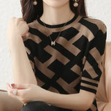 Women's Clothing Vintage Letter Printed Pullovers Fashion Screw Thread Patchwork Summer Commute Casual O-Neck Knitted T-shirt-Outfit