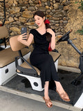 Fongt Xixi 2025 Spring New Korean Version High Waist Belt Design Sense Short-Sleeved Knitted Long Dress Women 88278