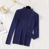 Casual Front Button Slim Knitted Sweater Long Sleeve Stand Collar Solid High Street Pullover 2021 Winter New Fashion
