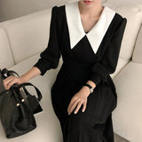 Pleated Women Spring A-Line Long Sleeve Midi Office Patchwork Dress