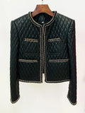 STREET Newest 2023 F/W Designer Outerwear Women's O-neck Chains Embellished Grid Artificial Leather