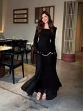 Fongt New Women's Square Collar Long Sleeve Elegant Pearl Decoration Splicing Long Dress