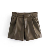 Spring Style Pleated Leather Solid Color Fashion Trendy Shorts 7385290-Outfit
