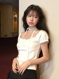 Fongt Pure Desire Girl Age Reduction Irregular Lace Splicing Short-Sleeved T-Shirt Design Bubble Sleeve Repair Body