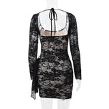Black Long Sleeve Lace Bodycon Drape Mini Dress-Outfit