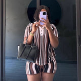 Fongt New Striped Collar Short Sleeve Loose Blouse High-Waist Three-Point Shorts Knitwear Two-Piece Set