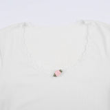 Lace Trim White Ribbed Knit Top-Outfit