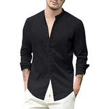 Fongt Men's New Linen Cardigan Pure Color Casual Collar Long-Sleeved