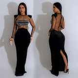 See Through Mesh Patchwork Party Evening Dresses Woman Elegant Night Club Birthday Diamonds Rhinestone Formal Prom Dress-Outfit