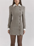 Plaid Buttoned Collar Long Sleeve Mini Dress-Outfit