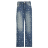 Fongt Style Cool Sister Personality Broken Hole Do Old Jeans Low Waist Wash Water Bump Color Casual Pants-Outfit