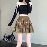Velvet Bow Pleated Mini Skirt-Outfit