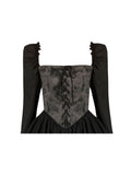 Autumn Vintage Elegant Long Sleeve Dresses Square Collar Patchwork Women Black Evening Party Midi Dresses Sweet