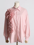 Fongt 2024, The New French Fashion Design Feeling Splicing Pleated Three-Dimensional Flowers Versatile Shirt Jacket Female-Outfit