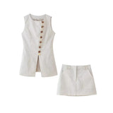 Fongt For Women's Clothing INS Burst Round-Neck Buckle Buckle Cotton Vest + Short Skirt