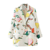 Women 2020 Fashion Fruit Print Blazer Coat Vintage Double Breasted Long Sleeve Female Outerwear Chic Tops