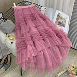 Winter Sweet Cake Layered Long Mesh Skirts Princess High Waist Ruffled Vintage Tiered Tulle Pleated ins