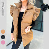 The Ins Hot Ladies Autumn Winter Down Jacket Casual Standing Collar Buckle Double Plug Bag Flying Lotus Leaf Sleeve Vest-Outfit