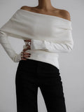 Fongt Women's Fall/Winter 2025 Long-Sleeved Knitted Bottom Shirt With A Word Of The Shoulder Sex-Repair And Exposed Shoulder