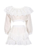 Fongt Spring Fashion New Elegant Lace Lotus Side Shoulder Shirt + Folded Skirt Suit