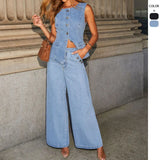 Fongt Selling New Solid Color Loose Fashion Long-Sleeved Denim Set Wide-Legged Trousers