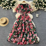 Fongt Vintage Gentle Windy Fragmented Flower Dress Summer New High Waist Thin Spinning Dress