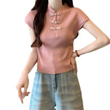 Chinese Buckle Design Positive Shoulder Short Sleeve Knit Shirt Girl Summer Thin Temperament With Short Cheongsam