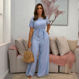 Fongt Summer Women's New Wide-Legged Jumpsuit Short-Sleeved Tie Belt Belt With Jumpsuit Woman