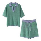 Spring Style Loose Knitted POLO Collar Blouse 6427041 Shorts 6427042-Outfit