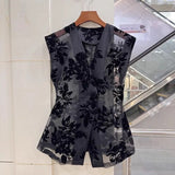 Chinese-Style Net Flocking V-Collar Sleeveless Vest Women's 2024 Summer New High-End Foreign Style All-Purpose Skinny Blouse-Outfit