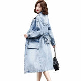 Spring Autumn Women Denim Trench Coat High Quality X-Long Jean Outwear Large Size Casual Windbreaker Single-breasted