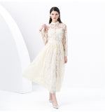 Fongt Suit Female Magenta Elegant Lantern Sleeve Embroidered Mesh Shirt High Waist Swing Half Body Skirt Spring Dress Two Sets
