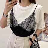 Two Piece Ropa Mujer Contrast Lace Patchwork Tops Loose T Shirt Short Sleeve Camisetas Summer Round Neck Clothes Women-Outfit