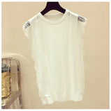 Summer Korean Women Mesh Shirt Sleeveless O-Neck Lace Knitted Patchwork Tops Chic Solid Hollow Out Clothes Blusas 8795
