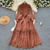 Fongt Style Dress Summer Dress Women's Heavy Industry Hollow Lace Splicing Long French Lantern Sleeve Dress