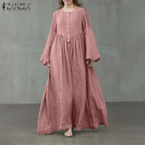 Women Spring Sundress Elegant Pleated Lantern Sleeve Solid Maxi Long Dress Vintage Party Vestido Kaftan Robe