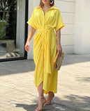 Fongt Summer Single Buckle Long Shirt Women's Printed Short-Sleeved Dress