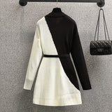 Women Fall Winter Patchwork Knitted Sweater Dresses Korean Casual Vestidos Female High Waist A-line Dresses