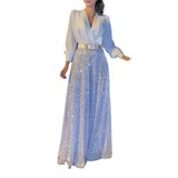 Fongt Buy Through The New Fashion V-Neck Long-Sleeved Shirt Temperament Elegant Waist Display Thin Bright Leg