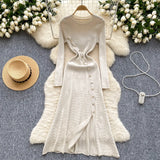 Fongt 2025 French Elegant Temperament Metal Button Repair Waist Long Pit Knitted Dress Woman