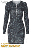 Swirl Print Mesh Cut Out Bodycon Mini Dress Women Long Sleeve Casual Slim Fit Robe 2023 Spring Fall Party Club